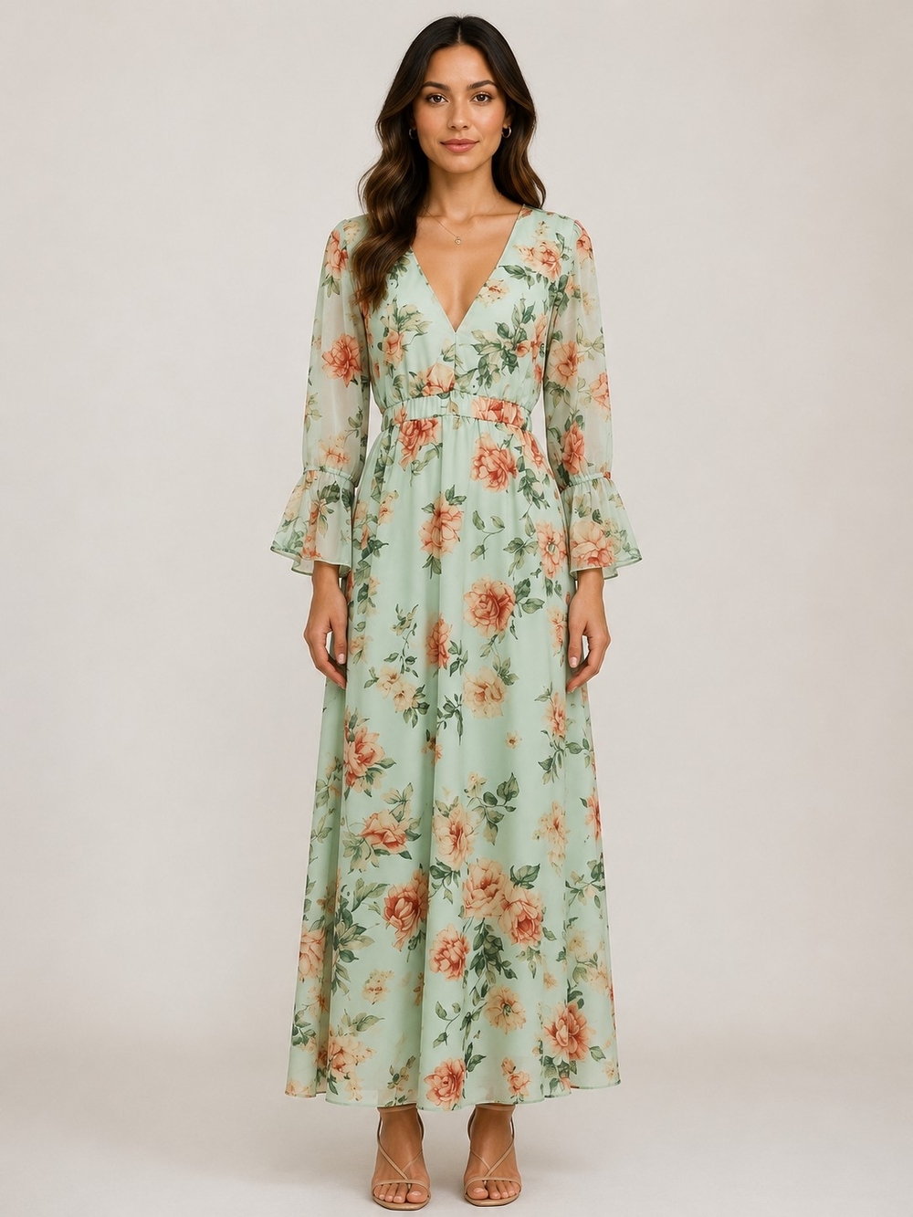 Boutique NWOT Floral V-Neck Maxi Dress in Mint and Peach Sz L